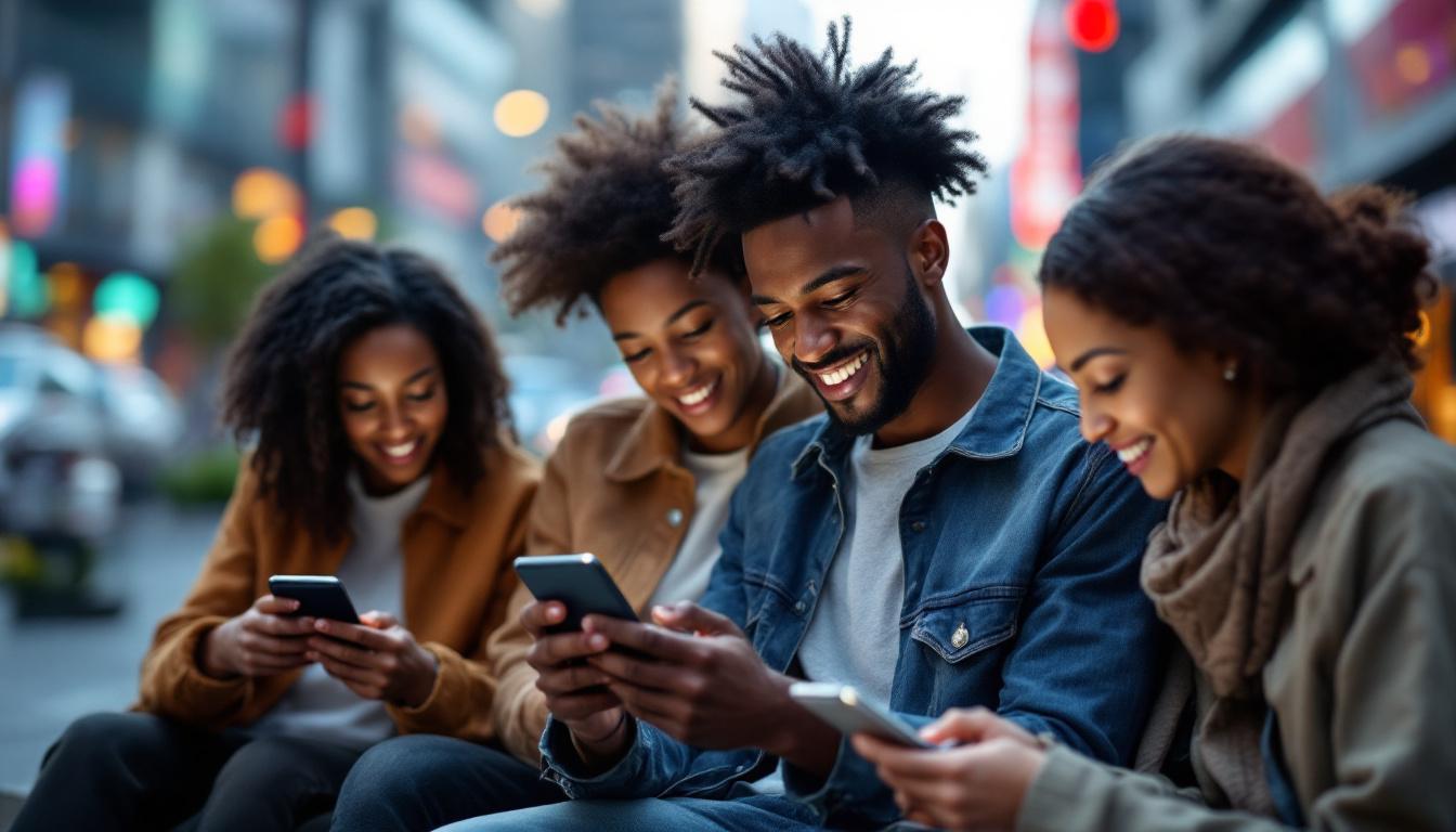 A photograph of a diverse group of people engaging with cryptocurrency on their devices