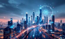 A photograph of a futuristic city skyline with digital elements and blockchain motifs integrated into the architecture