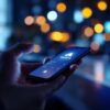 A photograph of a close up of a person confidently making a digital transaction on their smartphone