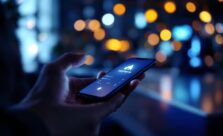 A photograph of a close up of a person confidently making a digital transaction on their smartphone