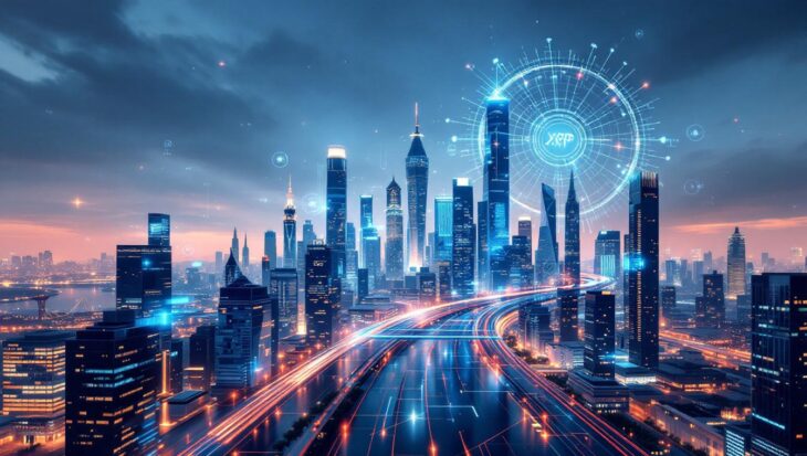 A photograph of a futuristic city skyline with digital elements and blockchain motifs integrated into the architecture