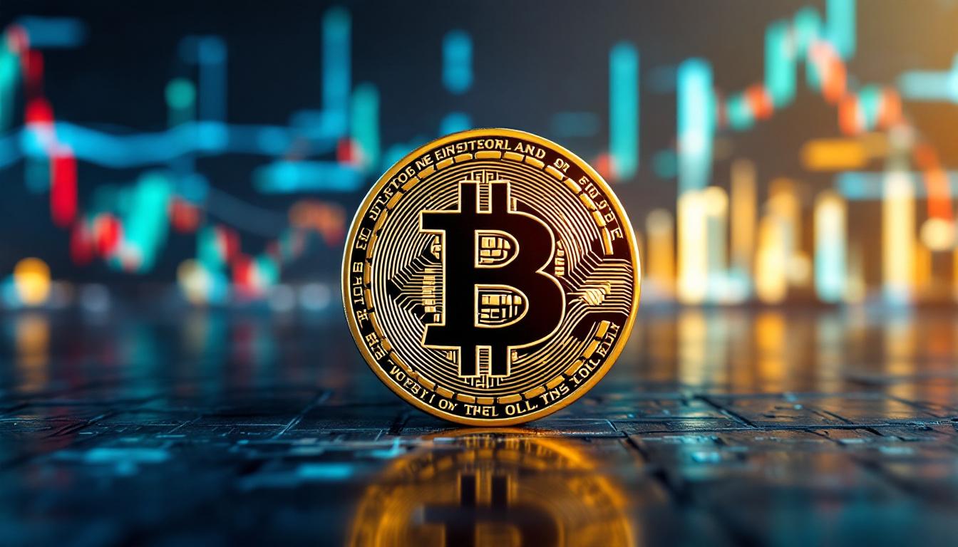 A photograph of a dramatic juxtaposition between a bitcoin symbol and a us dollar bill